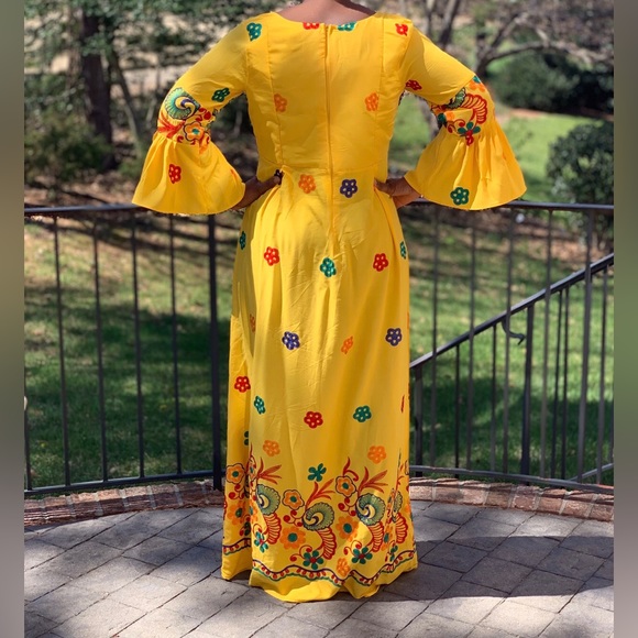 Yellow Multicolor Embroidered Bell Sleeve Maxi Dress - Picture 8 of 11